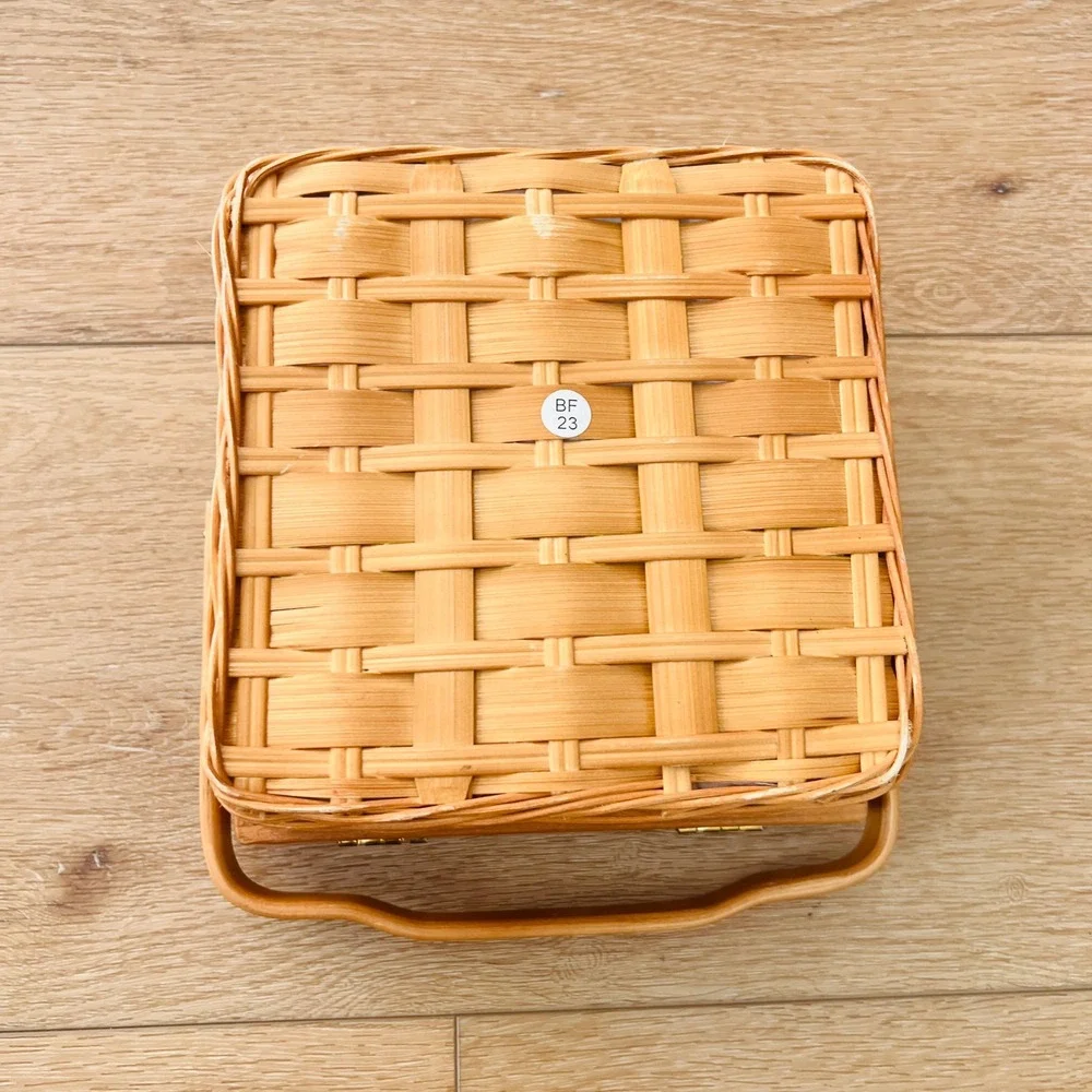Vintage Woven Wicker Sewing Basket Lavender Thyme Botanical Print Wood Trim Box